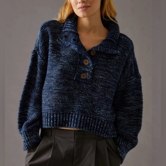 Anthropologie Sweaters - Anthropologie Pilcro Marled Henley Sweater Size XS blue knit oversized buttons